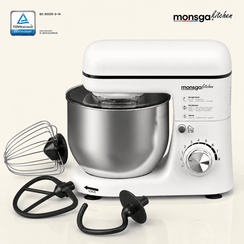 MONSGA SM100 Standmixer, 1000 W piekvermogen, Crèmewit, 5,0 L roestvrijstalen mengkom, Stil, Met garde, Super antiaanbak Teflon deeghaak (260 °C hittebestendig), Klop & spatbescherming, 8 snelheidsstanden — afbeelding 1