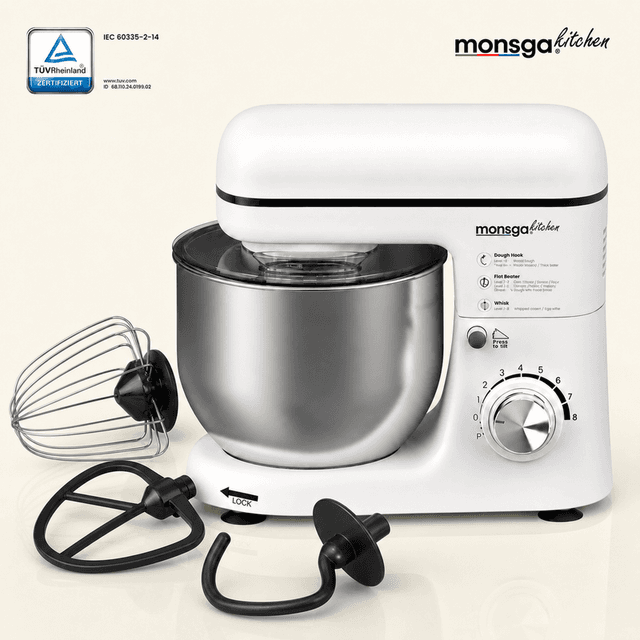 MONSGA SM100 Standmixer, 1000 W piekvermogen, Crèmewit, 5,0 L roestvrijstalen mengkom, Stil, Met garde, Super antiaanbak Teflon deeghaak (260 °C hittebestendig), Klop & spatbescherming, 8 snelheidsstanden