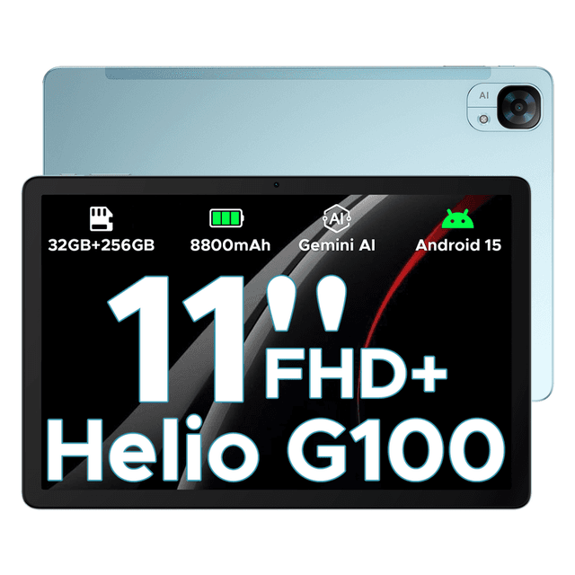 DOOGEE Tab E3 Android 15 AI-tablet, 32GB+256GB/2TB, 11 inch FHD+ en 90 Hz, Helio G100 Gemini AI gaming-tablet, 8800 mAh batterij, 7,5 mm ultradunne metalen behuizing, dubbele SIM-kaartsleuven, 5G/Wi-Fi/GPS/BT 5.2/Face ID, blauw