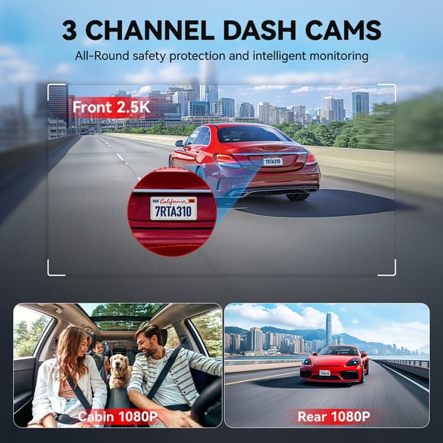 REDTIGER A3 dashcam, 3-kanals, 2.5K voor + 1080P voor, achter en binnen, gratis 32GB-kaart, WiFi-autobewakingscamera, WDR-nachtzicht