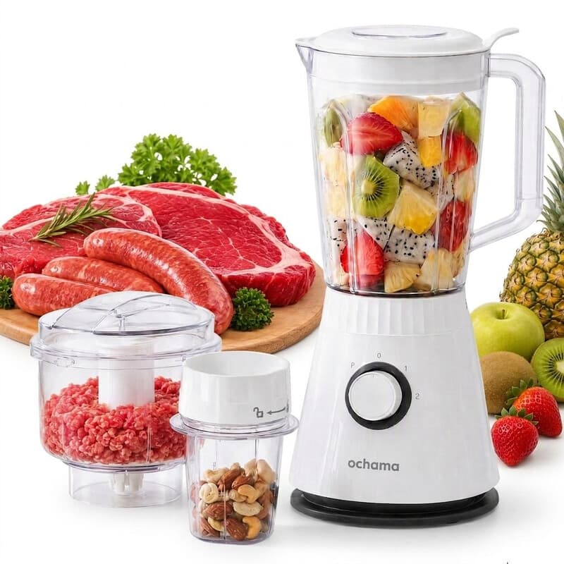Ochama Multifunctionele Blender 600 W, 1,5 L Compacte Elektrische Smoothie Maker voor Thuis, 3 Snelheden, IJs Vergruizen, Vleeshakmolen, Kruidenmolen, Babyvoeding, Sap, Eenvoudig te Reinigen — afbeelding 1