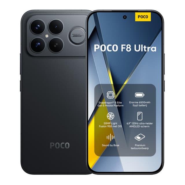 POCO F8 Ultra Zwart 16 GB RAM 512 GB ROM, 6,9 inch AMOLED-scherm 120 Hz, 50 MP Light Fusion 950 Camera met OIS, Bose-gesigneerd geluid, 6500 mAh batterij, Origineel met officiële garantie eSIM, Dual SIM, NFC