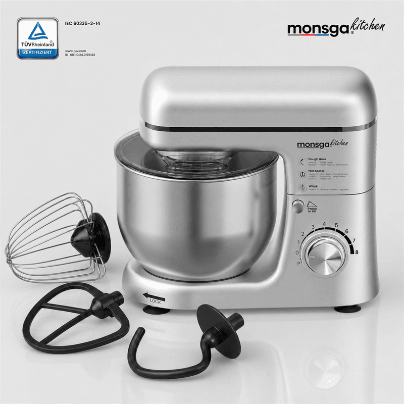 MONSGA SM100 keukenmachine, 1000 W piekvermogen, zwart/zilver, 5,0 L roestvrijstalen mengkom, stil, met garde, super antiaanbak teflon deeghaak (260 °C hittebestendig), garde opzetstuk & spatbescherming, 8 snelheidsstanden — afbeelding 1