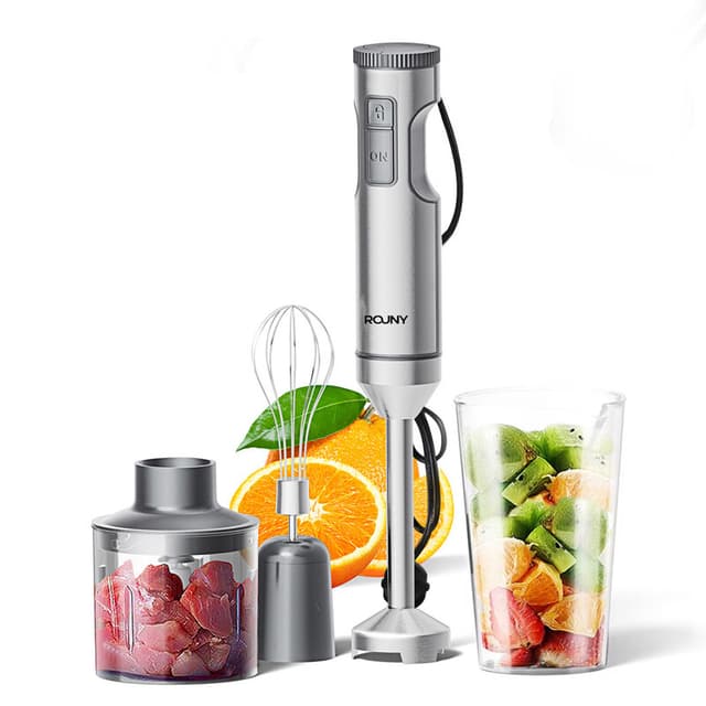 ROUNY Krachtige staafmixer, 4-in-1 roestvrijstalen staafmixer, max. 1200 W, 15.000 tpm, 700 ml maatbeker, 500 ml hakmolen, garde voor soepen en sauzen, H1