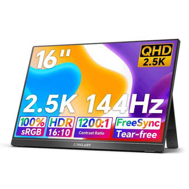 TECLAST V16Q Draagbare Monitor,2.5K 144Hz IPS-scherm,100% sRGB,10-Bit 1,07B kleuren,16:10, HDR,FreeSync,2 USB-C,Mini HDMI,Speakers,Kickstand,slank scherm voor Laptop, Gaming, Werk