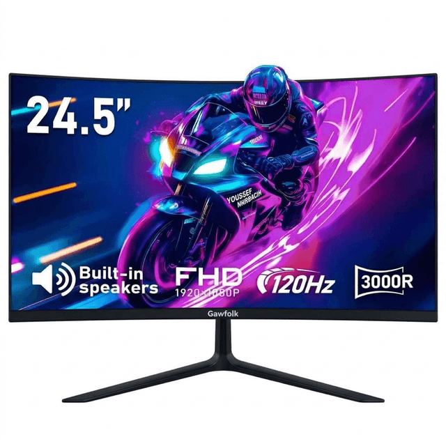 Gawfolk 24,5 inch 1K FHD gebogen monitor, 120 Hz verversingsfrequentie, 1 ms (MPRT) reactietijd, 3000R immersieve kromming, ingebouwde luidsprekers, AMD FreeSync, TÜV oogbescherming, antireflectie, lage invoervertraging, HDMI, VESA-montage 75 x 75 mm, str