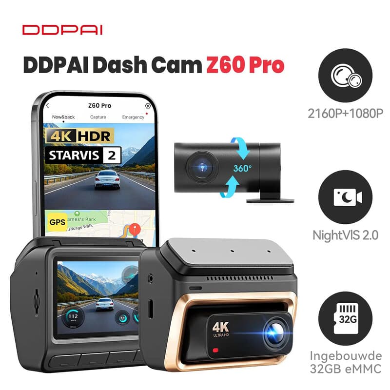 DDPAI Z60 Pro 3-kanaals, 4K-dashcam, 3 inch auto-DVR met dubbele camera voor en achter, STARVIS 2 IMX678, 60 FPS HDR, ingebouwde 32 GB eMMC, AI-ISP-nachtzicht, 5 GHz wifi, gps-ondersteuning, 24 u parkeermodus — afbeelding 1