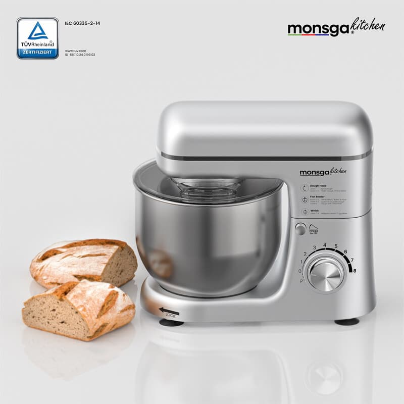 Monsga SM100 Keukenmachine, 1000W, Zwart/Zilver, 5,0L RVS Mengkom, 8 Snelheden, Stil, met Premium Teflon Kneedhaak (Extra Antiaanbaklaag & 260°C Hittebestendig), Garde, Klopper & Spatdeksel — afbeelding 1