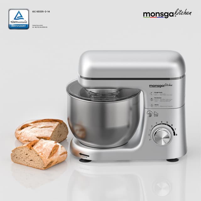 Monsga SM100 Keukenmachine, 1000W, Zwart/Zilver, 5,0L RVS Mengkom, 8 Snelheden, Stil, met Premium Teflon Kneedhaak (Extra Antiaanbaklaag & 260°C Hittebestendig), Garde, Klopper & Spatdeksel