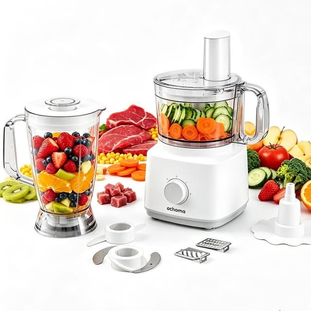 Ochama Keukenmachine 750 W, 1,8 L Grote Inhoud, Blender, Vleesmolen, Groentesnijder, Rasp- en Snijschijven, Afneembare Onderdelen, Eenvoudig te Reinigen