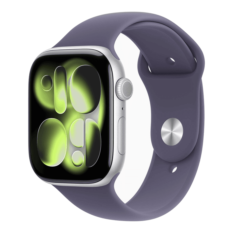 Apple Watch Series 11 GPS + mobiel 46 mm zilverkleurige aluminium behuizing met paarse mist sportband - S/M — afbeelding 1