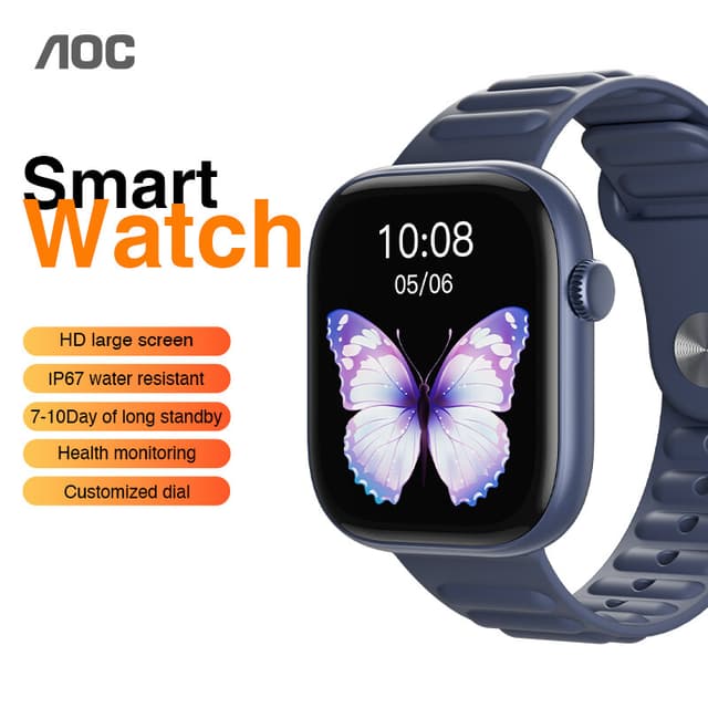 AOC T7 Smartwatch, 1,83 inch groot display, Hartslag, Bloedzuurstof en slaapmonitoring, Bluetooth 5.3, IP67 waterbestendigheid, Magnetisch snelladen, Meerdere trainingsmodi, Aanpasbare wijzerplaten