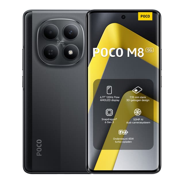 POCO M8 5G Zwart 8 GB RAM 256 GB ROM, Snapdragon 6 Gen 3, 6,77 Inch Flow AMOLED 120 Hz, 5520 mAh + 45 W Opladen, 50 MP + 20 MP Camera's, Origineel Met Officiële Garantie