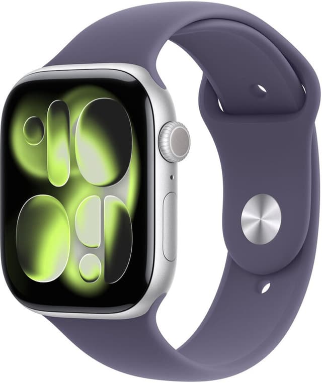 Apple Watch Series 11 GPS 46 mm zilveren aluminium kast met paarse mist sportband - S/M