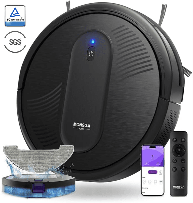 monsga MR1 robotstofzuiger, 3000 Pa krachtige zuigkracht, 3,2 inch superdun, 140 min gebruiksduur, robotstofzuiger voor harde vloeren/laagpolig tapijt/dierenhaar, afstandsbediening/app/spraakbediening, geplande reiniging — afbeelding 1