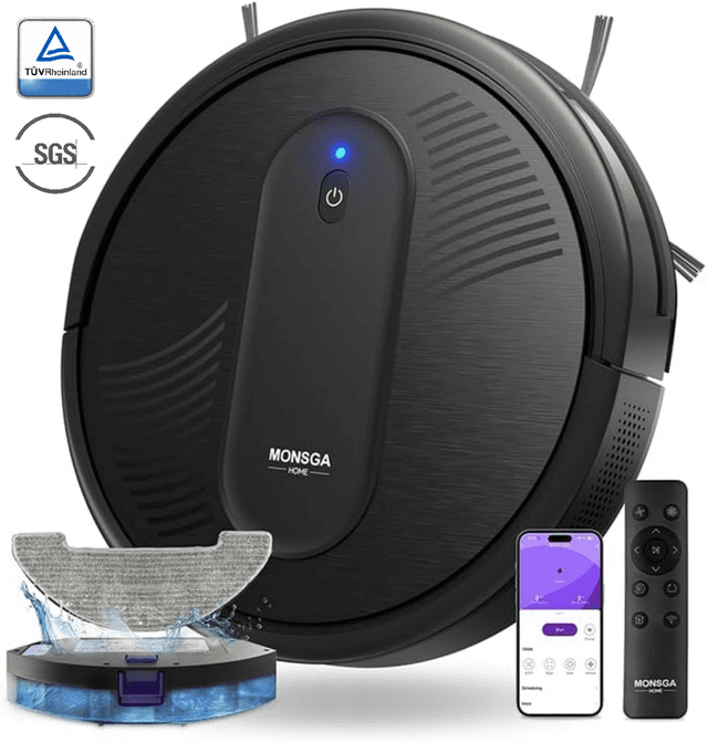 monsga MR1 robotstofzuiger, 3000 Pa krachtige zuigkracht, 3,2 inch superdun, 140 min gebruiksduur, robotstofzuiger voor harde vloeren/laagpolig tapijt/dierenhaar, afstandsbediening/app/spraakbediening, geplande reiniging