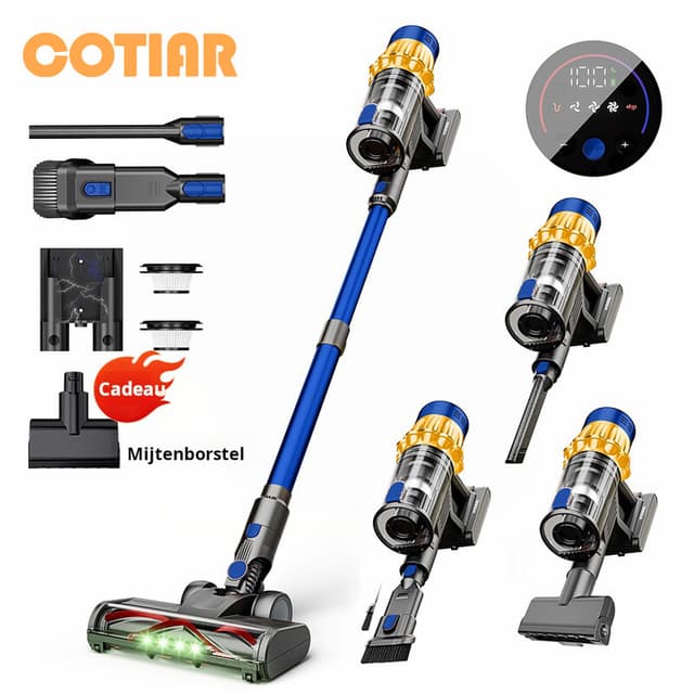 COTIAR V22 draadloze stofzuiger, 650 W, 55 kPa zuigkracht, borstelloos, 1,2 L inhoud, LED-display, voor vloeren, tapijten en dierenharen, blauw