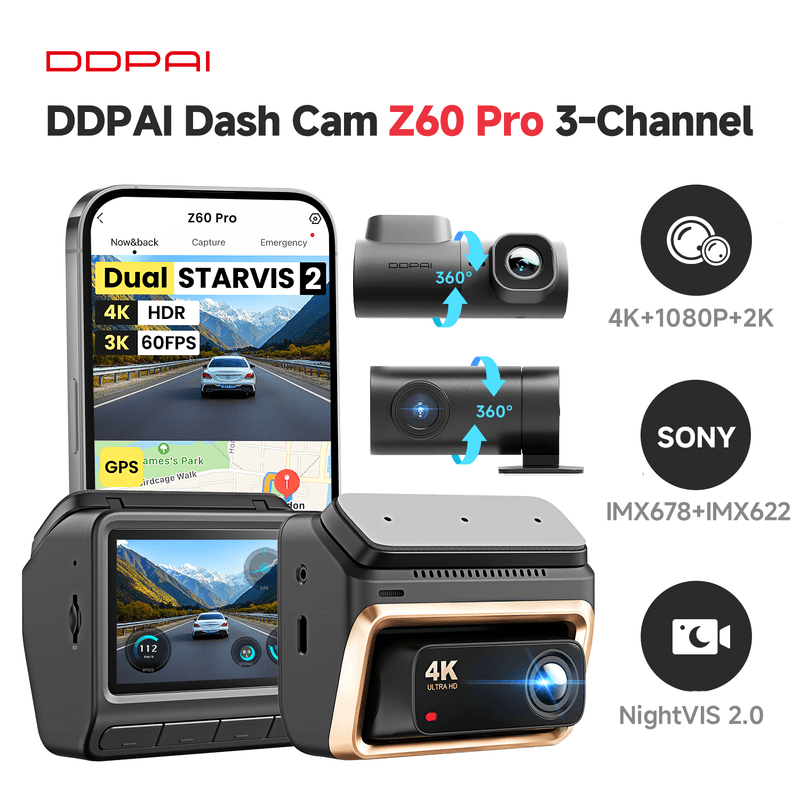 DDPAI Z60 Pro 3-kanaals, 4K dashcam 3 inch auto DVR voor- en achtercamera Sony STARVIS 2 IMX678 60 FPS HDR ingebouwde 32 GB eMMC AI-ISP nachtzicht 5 GHz WiFi GPS-ondersteuning 24 h parkeermodel — afbeelding 1