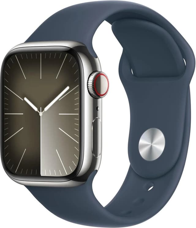 Apple Watch Series 9 GPS + mobiel 41 mm zilverkleurige roestvrijstalen kast met stormblauwe sportband - S/M
