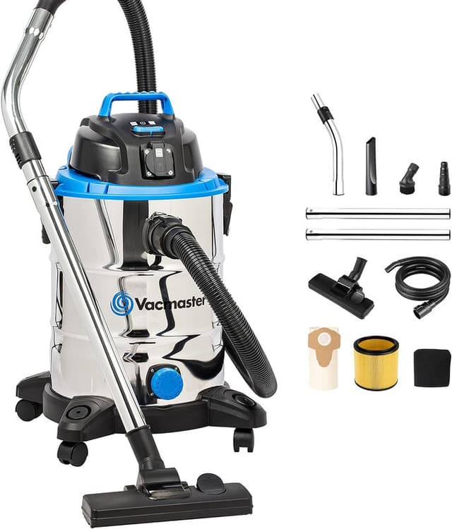 Vacmaster VQ1530SFDC 3-in-1 nat- en droogzuiger met blaasfunctie en stopcontact voor elektrisch gereedschap, 1500 W, 30 l roestvrijstalen tank