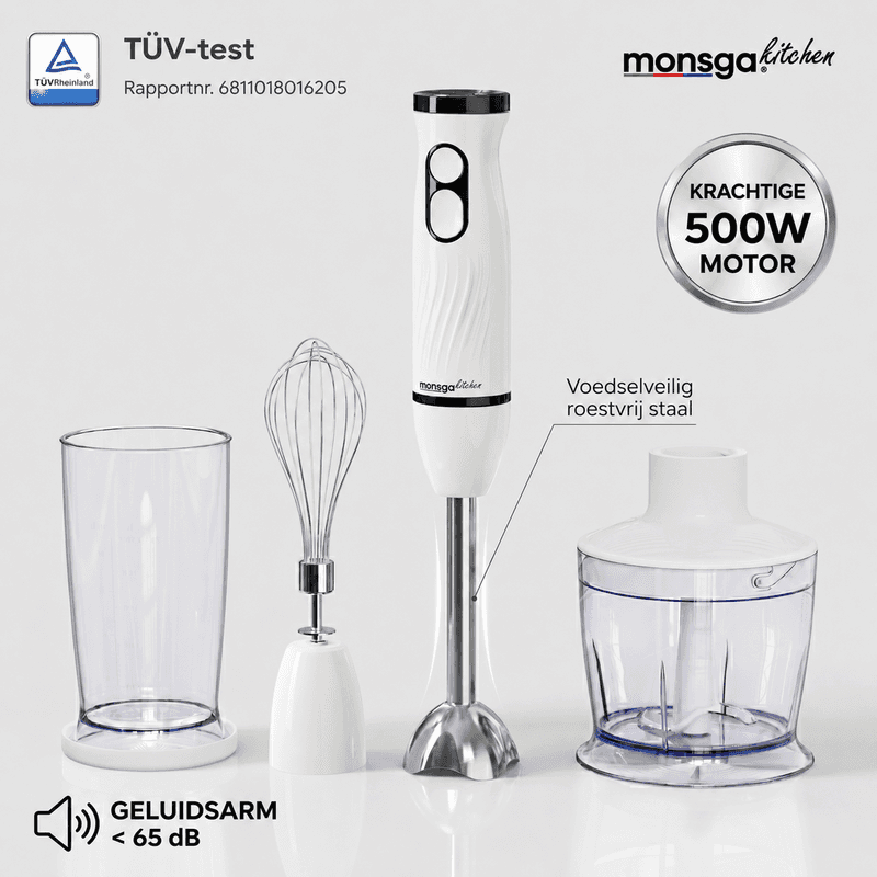 MONSGA 2-in-1 staafmixer & garde S100, ergonomische staafmixer met normale/Turbo-modi, anti-spatbescherming & panbescherming, 500 ml hakmolen, 500 ml maatbeker, 1,5 m kabel, vaatwasserbestendig, crèmewit — afbeelding 1