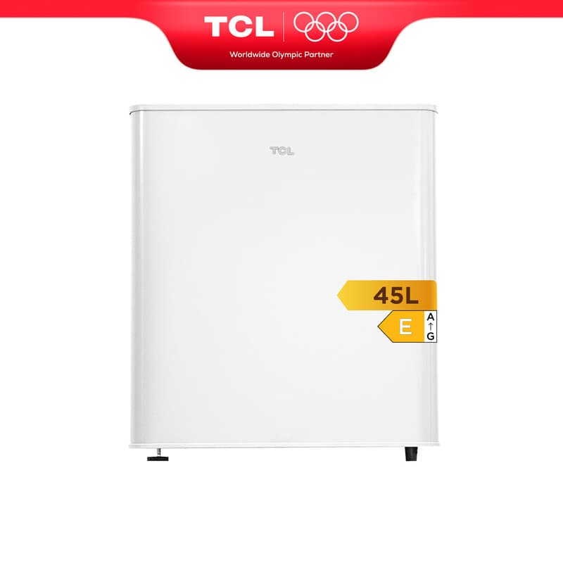 TCL RF60DWE0 minikoelkast 45 l – compacte tafelmodelkoelkast voor drankjes, snacks en dranken, verstelbare pootjes, plank van gehard glas, energieklasse E – stil voor thuis- en kantoorgebruik — afbeelding 1