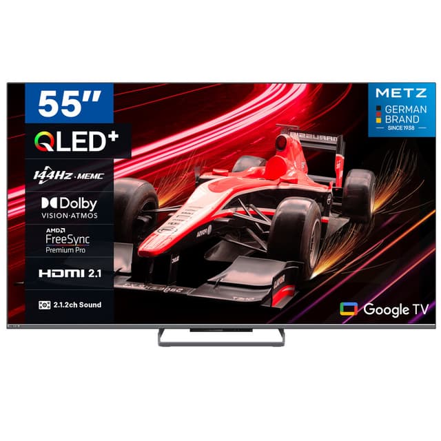METZ 55 inch (140 cm) QLED Google-tv, 55MQE8000Z, 144 Hz, 4K HDR 10+, 2.1.2-geluidssysteem, Dolby Vision Atmos, gamemodus, sportmodus met ALLM, VRR, MEMC, oogzorg, weinig blauw licht en flikkervrij, Google Cast, spraakbediening