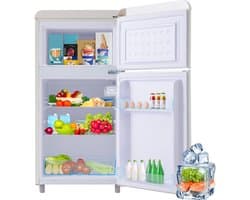 Retro Koelkast - Dubbeldeurs Koelkast - Vrijstaande Koelkast - Mini Koelkast – 72L – 39dB – LED - Pootjes - Keuken - 91cm - 2 Deuren - Wit