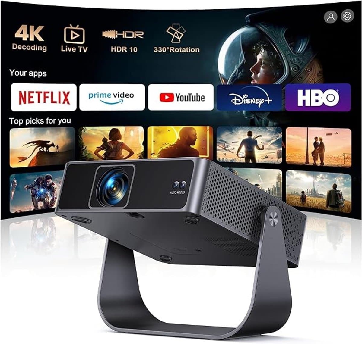 Draadloze mini beamer met autofocus en 360° draaibare voet — afbeelding 1