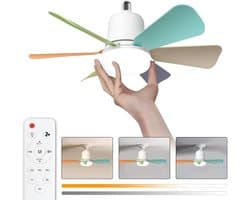 Plafondventilator E27 met Verlichting – Ventilatorlamp met Afstandsbediening – Compact & Stil – LED Lamp met Koelfunctie voor Slaapkamer & Woonkamer