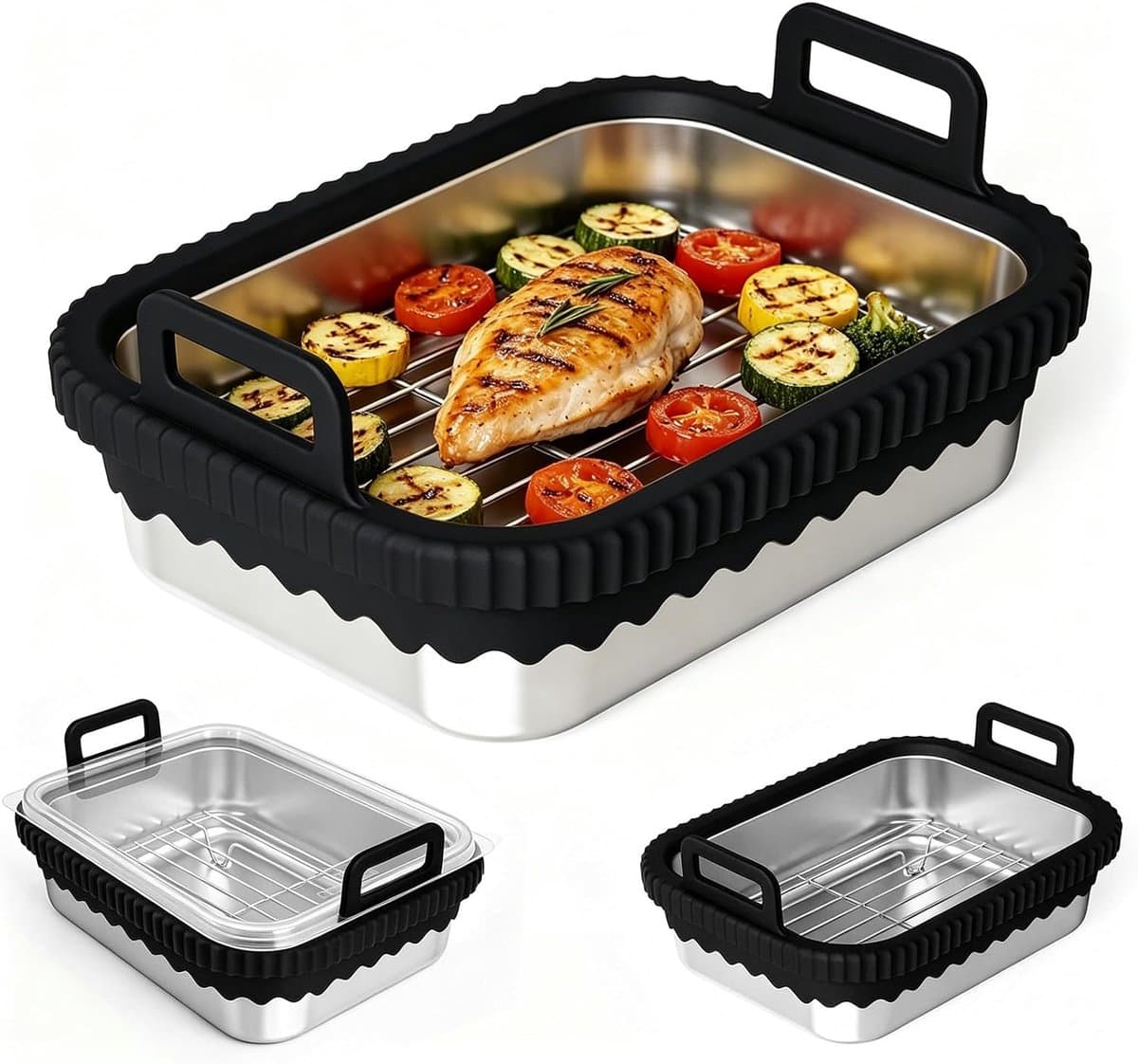 Airfryer voor COSORI heteluchtfriteuse 2 kamers/Ninja heteluchtfriteuse AF400EU/DZ400EU/AF451EU hittebestendig van roestvrij staal 304, krasbestendig, vaatwasmachinebestendig (zwart, met — afbeelding 1