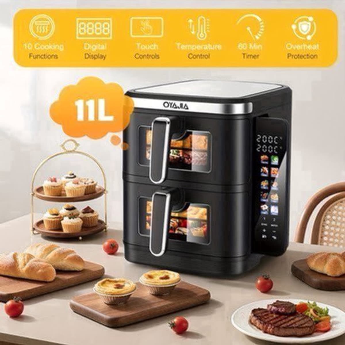 Airfryer – Heteluchtfriteuse – Dubbele Mand – Dubbele Lade – XXL Heteluchtoven – 11L Capaciteit – Verticaal Stapelbaar – PFAS-vrij – 2800W – 10 Kookprogramma’s – Sync & Match Functie — afbeelding 1