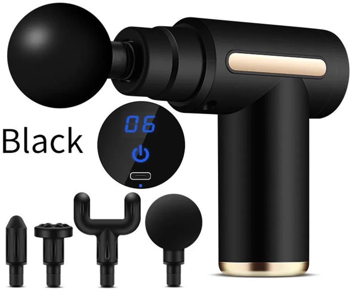 Dit 4-in-1 massagepistool is een compacte, draagbare en oplaadbare elektrische massager met een lcd-scherm, 5 snelheidsstanden en een 1000mAh-batterij voor spierontspanning. — afbeelding 1