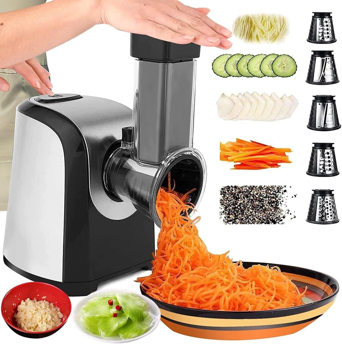 Elektrische Groentesnijder - Keuken rasp - Snel Groenten Snijden - Vijf Kegelmessen - 150 Watt - Zilver Zwart — afbeelding 1