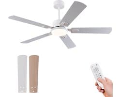 Plafondventilator 52 inch met Licht en Afstandsbediening - Dimbare LED-verlichting - 6 snelheden met omkeerbare motor - Geschikt voor slaapkamer - Vlak modern design - 5 bladen met tweekleurige afwerking (wit & natuurhout)