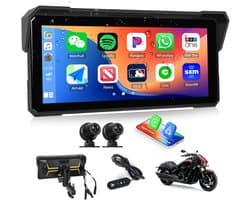 SnelShoppen - 8,1 inch HD motorfiets dashcam met dubbele camera voor-achter, draadloos, IP68, Bluetooth, CarPlay, Android Auto, universeel DVR met EQ-