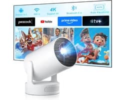 SnelShoppen - Mini Beamer 4K 1080P Projector met Android 14, WiFi6 en Bluetooth 5.4, Compact en Lichtgewicht voor Buiten en Feesten
