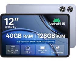 SnelShoppen - SVITOO Tablet 12 inch, Android 15, Gemini app compatibel, Unisoc T7280 Octa-Core 2,2GHz, 8GB RAM, 32GB opslag, 128GB ROM, 2K IPS 90Hz, 8