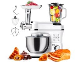 SnelShoppen - Avilia Planetaire Keukenmachine 6,5 L met Vleesmolenset en Roestvrijstalen Mixer, 1900 W, 360 Graden Roeren, 6 Snelheden voor Perfect De