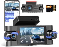 SnelShoppen - 4-Kanaals Dashcam met WiFi, 2K Voor en 1080P Achter, 360° Beveiligingscamera voor Auto met 64GB Kaart, G-Sensor, Nachtzicht, Parkeerbewa