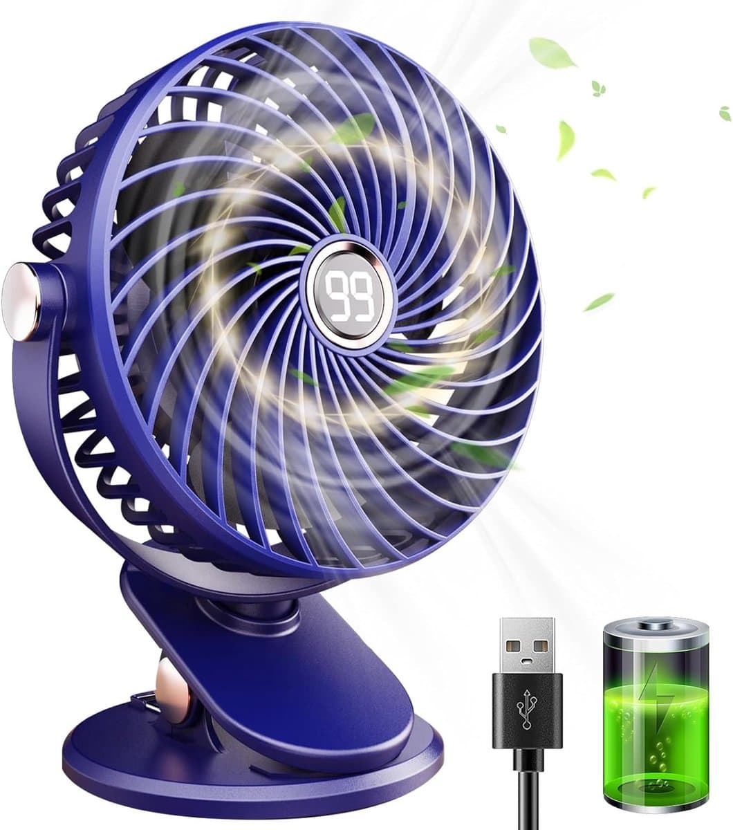 Desktopventilator, stille mini-USB-ventilator met lcd-display, 1800 mAh, kleine oplaadbare draagbare ventilator, 5 windsnelheden, 720° draaibaar, clipbevestiging, geschikt voor kantoor, thuis en kamperen. — afbeelding 1