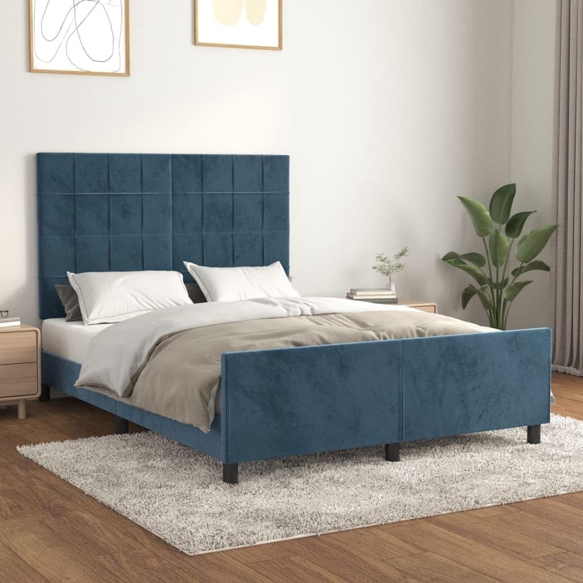 Bedframe met hoofdeinde, donkerblauw, 140 x 190 cm, fluwelen bedframe voor slaapkamer, familiebed, slaapkamer, hotel, logeerkamer — afbeelding 1
