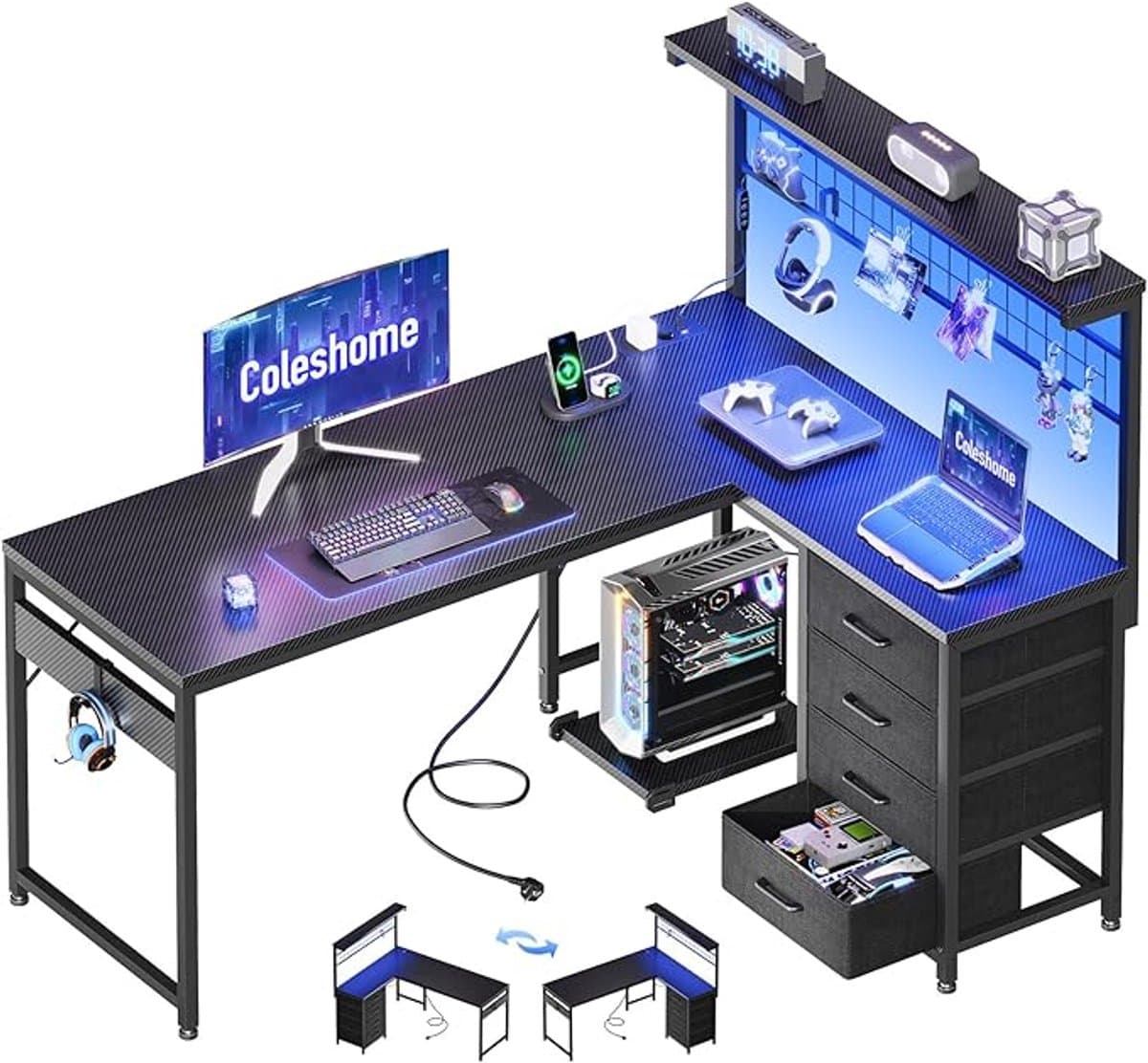 Gaming Hoekbureau L-vorm 130×100 cm – LED-verlichting, 2× Stopcontact & 2× USB, Omkeerbaar Ontwerp – Met 4 Laden, Bovenplank met Pegboard, CPU-houder & Hoofdtelefoonhaak – Koolstofvezel Look, Zwart — afbeelding 1