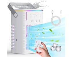 Verdampingskoele-aircooler-aircooler met water-Draagbare airconditioner - Draagbare koeler met afstandsbediening - Timerfunctie - Gekleurd nachtlampje - Drie-laags miststand - Geschikt voor slaapkamers, kantoren en kamperen - Wit - 18x13x25 cm