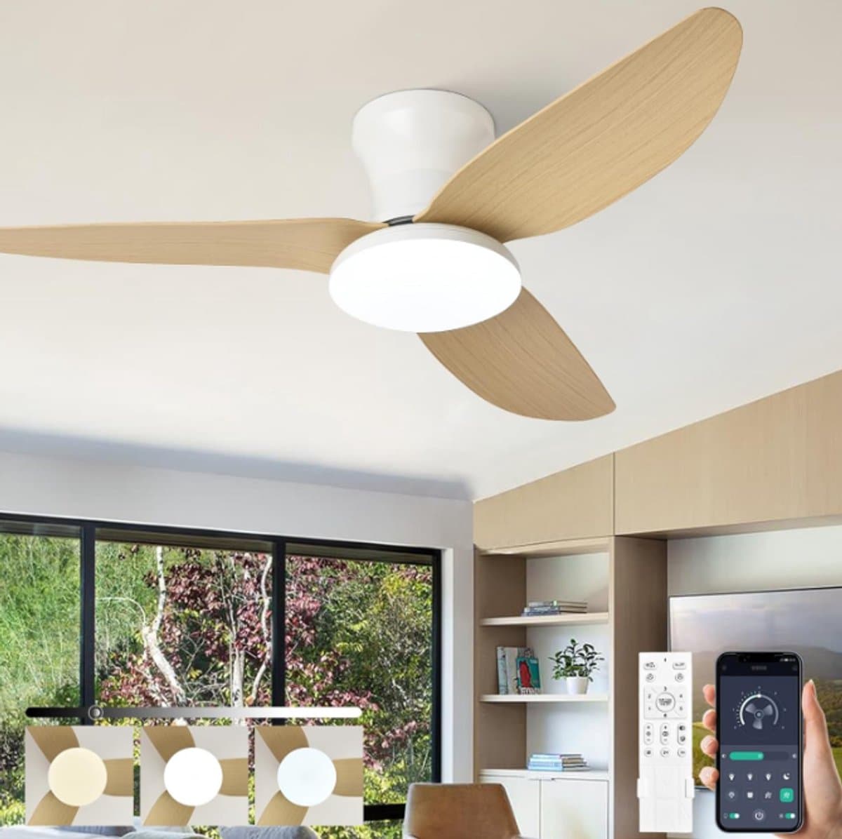 Slimme 100CM houtnerf plafondventilator met dimbare LED verlichting- stille DC motor- 6 snelheden- afstandsbediening- en slaapkamer — afbeelding 1