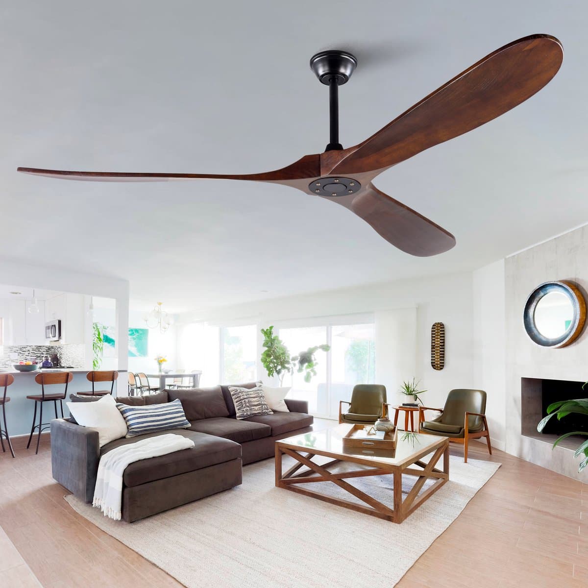 Plafondventilator 70 inch Extra Groot Houtlook Walnoot - Zonder verlichting - Waterdicht voor buiten - Met valbuis - Mid-century modern design - Voor terras, woonkamer, garage & paviljoen — afbeelding 1