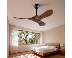 Plafondventilator 42 inch met 3 houten bladen en propellerontwerp - geheugenfunctie - afstandsbediening - geschikt voor binnen en buiten (terras, woonkamer, slaapkamer) - walnoot afwerking - modern design
