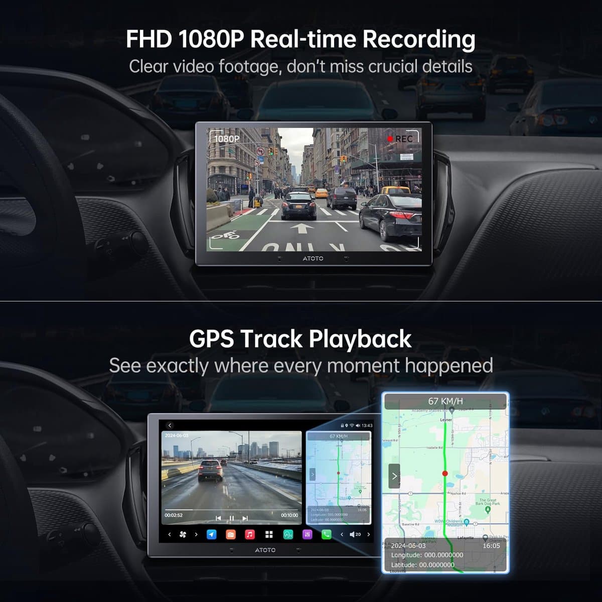 SnelShoppen - ATOTOZONE AC-FHD02DV FHD 1080P Dashcam met GPS-Afspeeltracking, 136° Groothoek, WDR, Nachtzicht, 24-Uurs Parkeermodus, G-sensor, Loop-Op — afbeelding 1