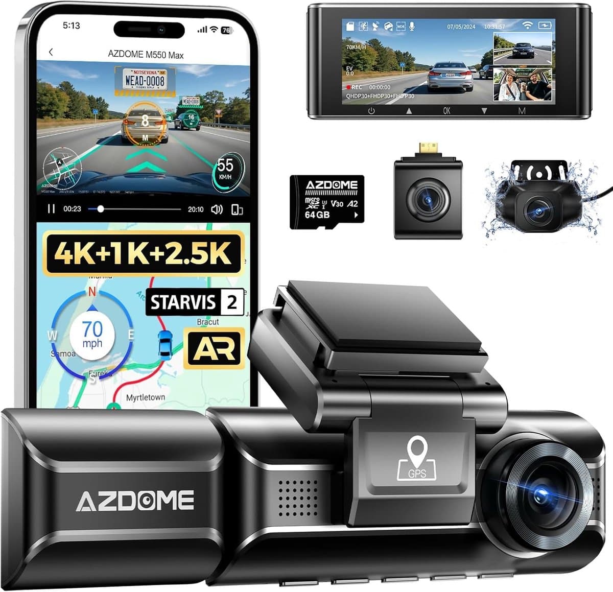 Dashcam voor auto - Zwart - 3,19 inch IPS-scherm - 4K+1080P+2.5K Resolutie - Met WiFi, GPS en Nachtzicht — afbeelding 1