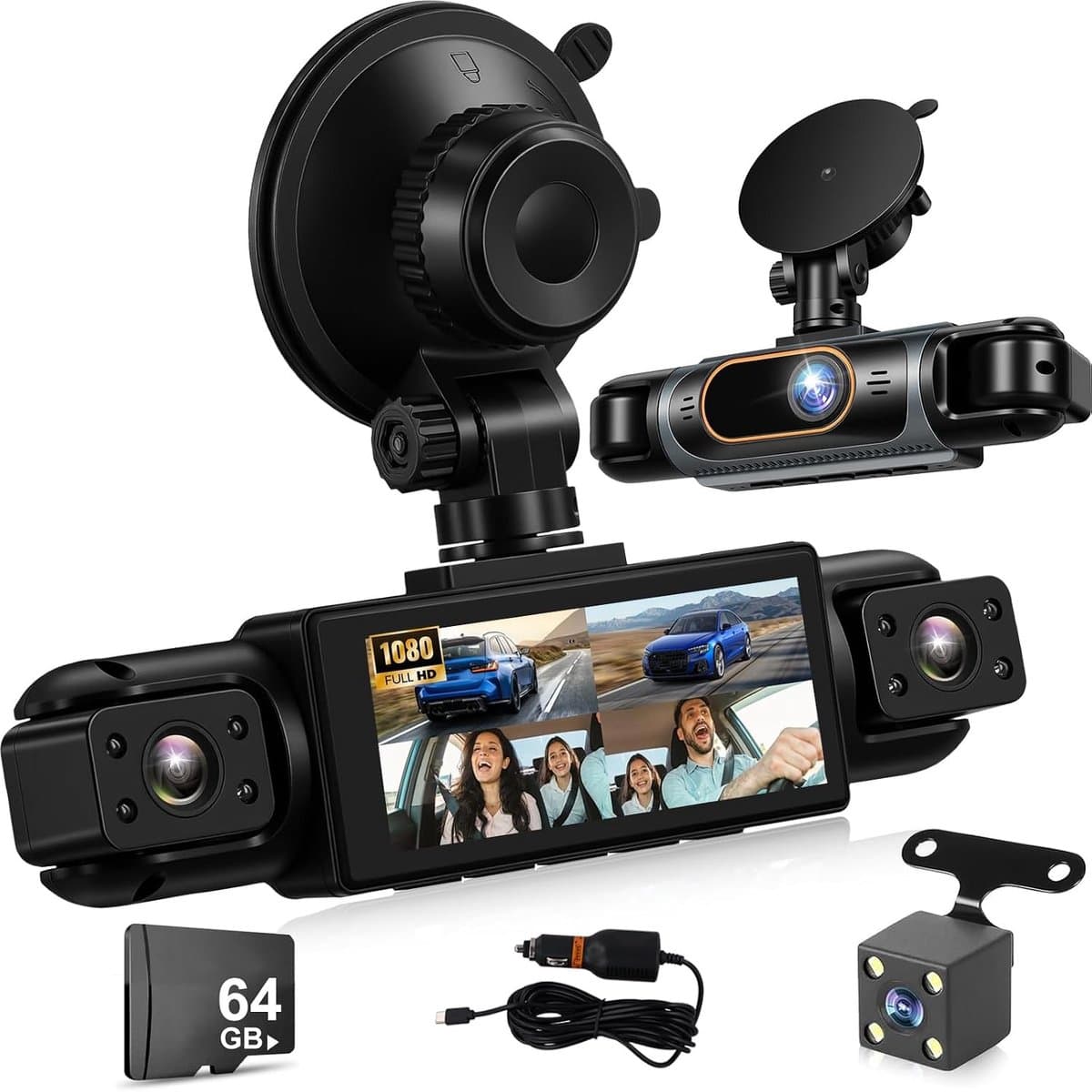 Dashcam voor auto - Zwart - 3,16 inch IPS-scherm - 4 Kamera's 1080p HD Groothoek - 24-uurs Bewaking en Achteruitrijfunctie — afbeelding 1